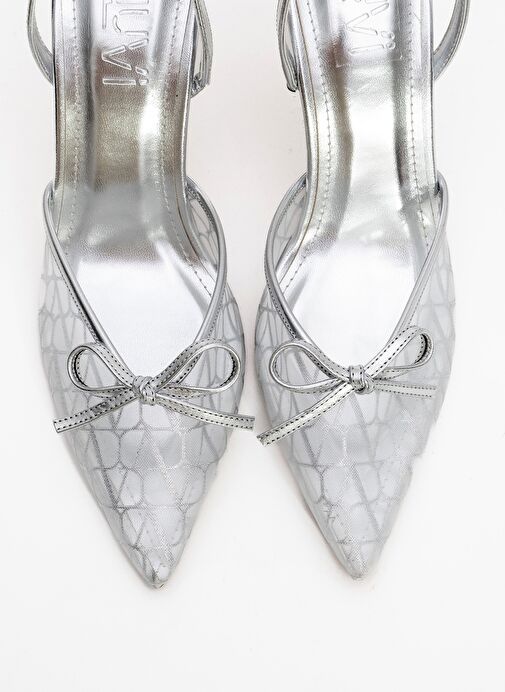 PEONY Gümüş Fileli Fiyonklu Sivri Burun Kadın Topuklu Ayakkabı - Görsel 3