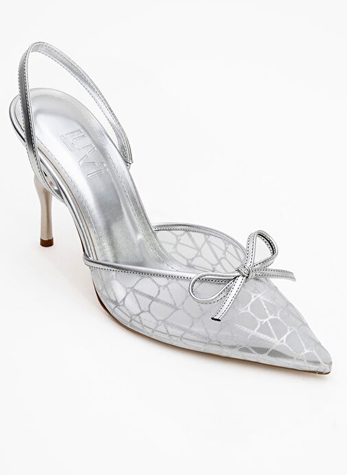 PEONY Gümüş Fileli Fiyonklu Sivri Burun Kadın Topuklu Ayakkabı - Görsel 4