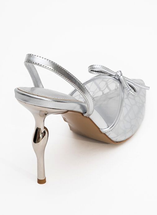 PEONY Gümüş Fileli Fiyonklu Sivri Burun Kadın Topuklu Ayakkabı - Görsel 6