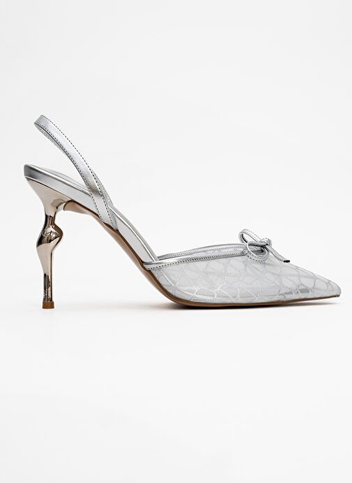 PEONY Gümüş Fileli Fiyonklu Sivri Burun Kadın Topuklu Ayakkabı - Görsel 7