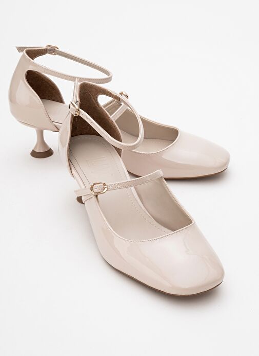 EMLY Ekru Rugan Küt Burunlu Kadın Kısa Topuklu Ayakkabı - Görsel 2