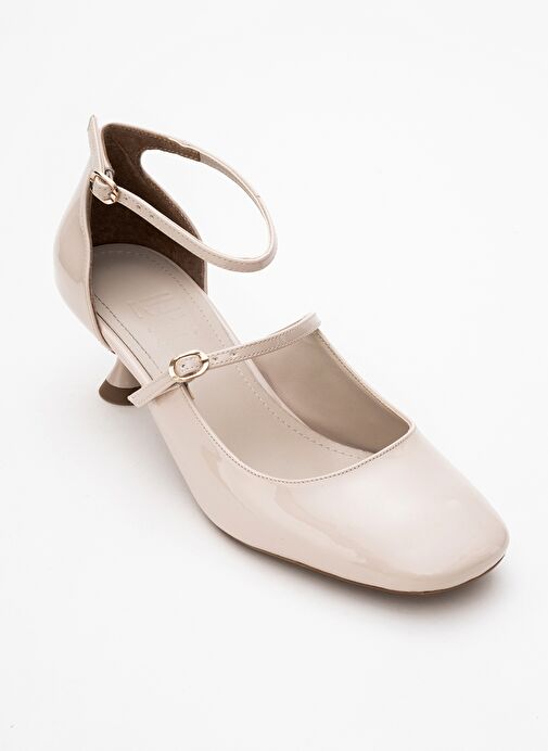 EMLY Ekru Rugan Küt Burunlu Kadın Kısa Topuklu Ayakkabı - Görsel 4