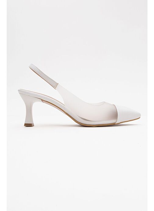 MOORE Beyaz Şeffaf Arkası Açık Sivri Burun Kadın Topuklu Ayakkabı - Görsel 6