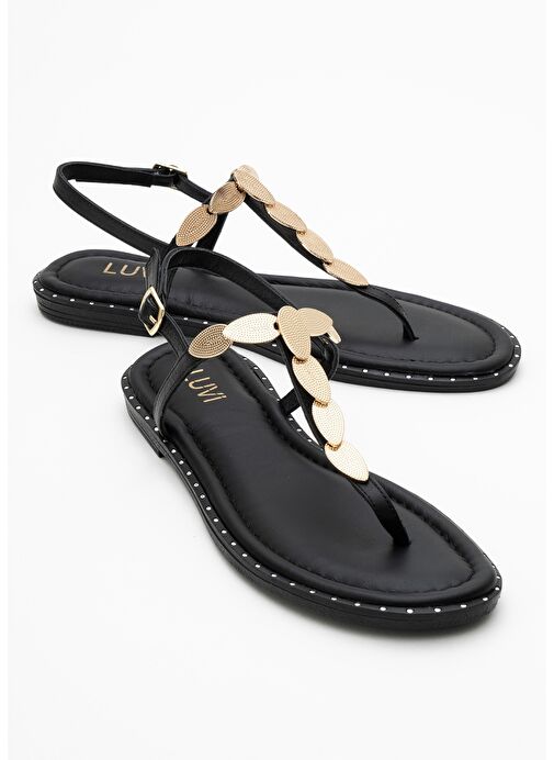 MAREA Siyah Hakiki Deri Parmak Arası Gold Tokalı Kadın Sandalet - Görsel 2