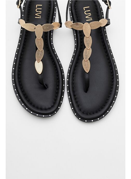MAREA Siyah Hakiki Deri Parmak Arası Gold Tokalı Kadın Sandalet - Görsel 3