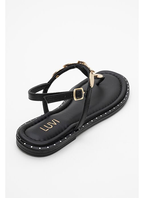 MAREA Siyah Hakiki Deri Parmak Arası Gold Tokalı Kadın Sandalet - Görsel 5