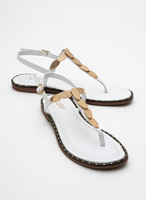 MAREA Beyaz Hakiki Deri Parmak Arası Gold Tokalı Kadın Sandalet - Görsel 2