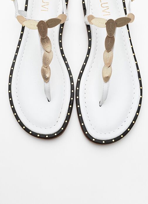MAREA Beyaz Hakiki Deri Parmak Arası Gold Tokalı Kadın Sandalet - Görsel 3