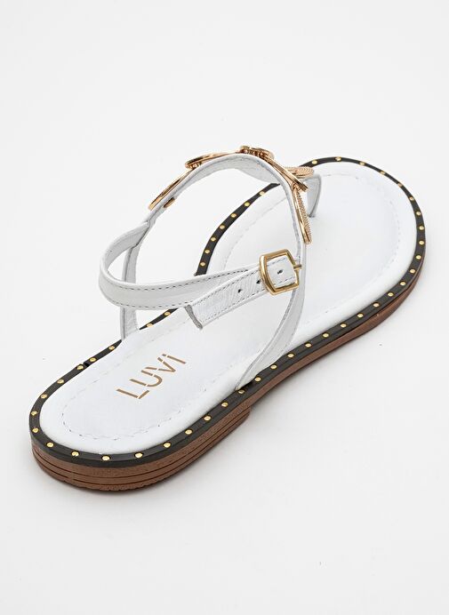 MAREA Beyaz Hakiki Deri Parmak Arası Gold Tokalı Kadın Sandalet - Görsel 5