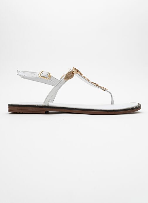 MAREA Beyaz Hakiki Deri Parmak Arası Gold Tokalı Kadın Sandalet - Görsel 6
