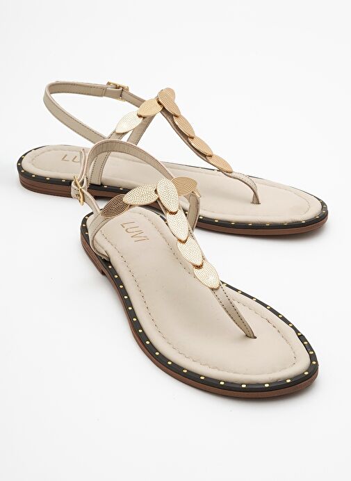 MAREA Bej Hakiki Deri Parmak Arası Gold Tokalı Kadın Sandalet - Görsel 2