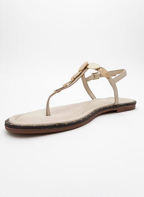 MAREA Bej Hakiki Deri Parmak Arası Gold Tokalı Kadın Sandalet - Görsel 4