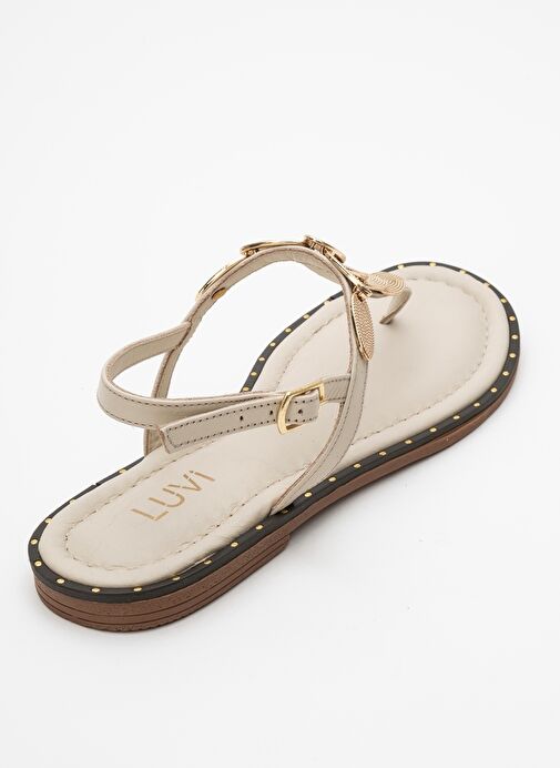 MAREA Bej Hakiki Deri Parmak Arası Gold Tokalı Kadın Sandalet - Görsel 5