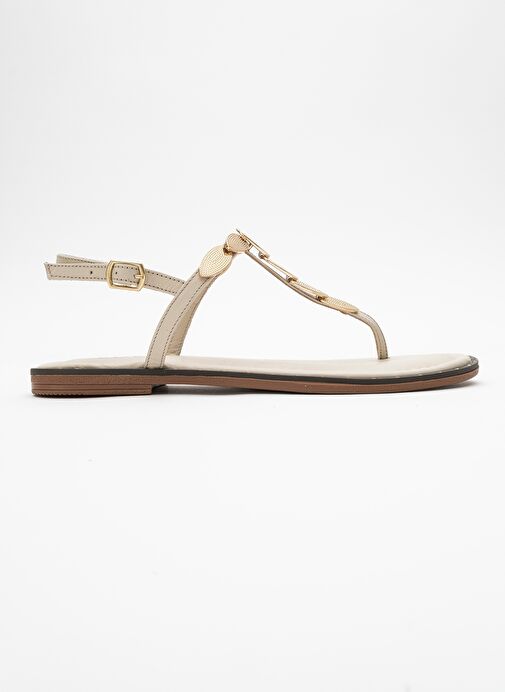 MAREA Bej Hakiki Deri Parmak Arası Gold Tokalı Kadın Sandalet - Görsel 6