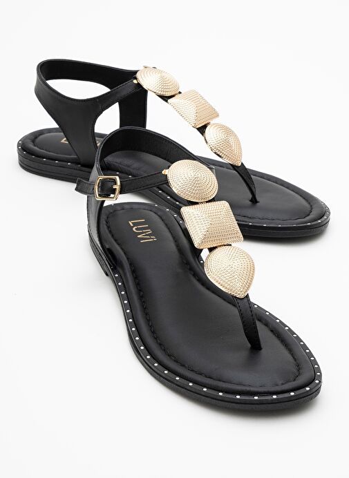 HELEN Siyah Hakiki Deri Parmak Arası Gold Tokalı Kadın Sandalet - Görsel 2