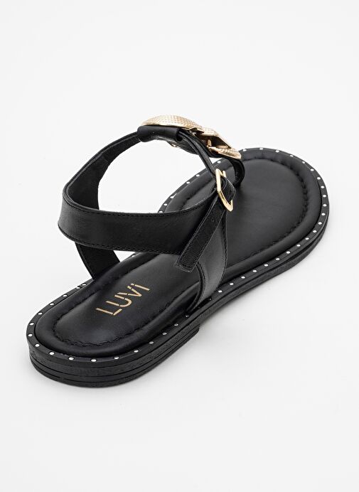 HELEN Siyah Hakiki Deri Parmak Arası Gold Tokalı Kadın Sandalet - Görsel 5