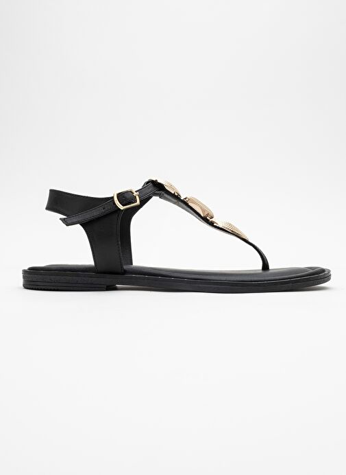 HELEN Siyah Hakiki Deri Parmak Arası Gold Tokalı Kadın Sandalet - Görsel 6