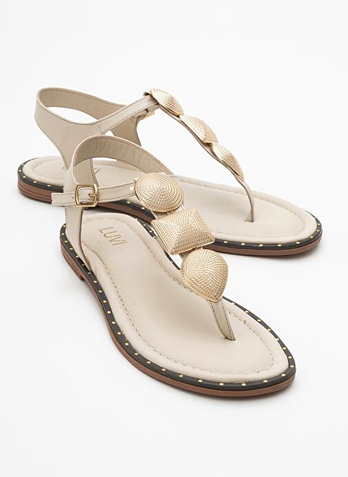 HELEN Bej Hakiki Deri Parmak Arası Gold Tokalı Kadın Sandalet - Görsel 2