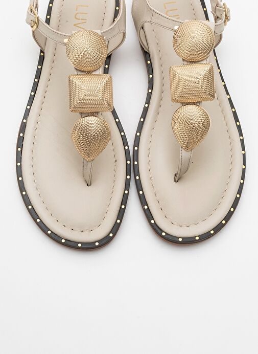 HELEN Bej Hakiki Deri Parmak Arası Gold Tokalı Kadın Sandalet - Görsel 3