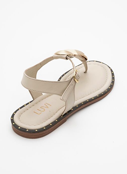 HELEN Bej Hakiki Deri Parmak Arası Gold Tokalı Kadın Sandalet - Görsel 5