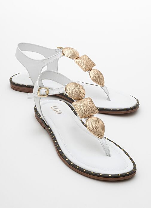 HELEN Beyaz Hakiki Deri Parmak Arası Gold Tokalı Kadın Sandalet - Görsel 2