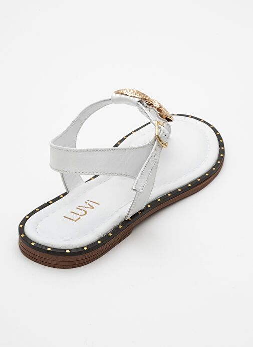 HELEN Beyaz Hakiki Deri Parmak Arası Gold Tokalı Kadın Sandalet - Görsel 5