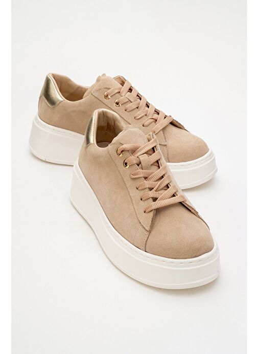 GUENO Bej Hakiki Deri Süet Kadın Spor Ayakkabı - Görsel 2