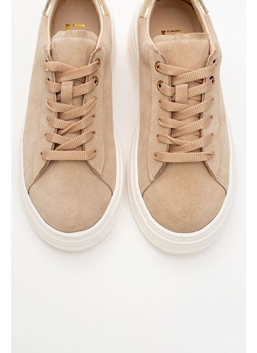 GUENO Bej Hakiki Deri Süet Kadın Spor Ayakkabı - Görsel 3