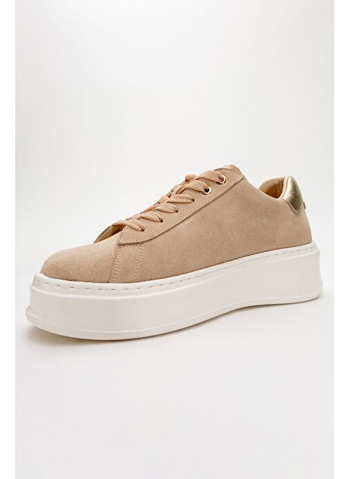 GUENO Bej Hakiki Deri Süet Kadın Spor Ayakkabı - Görsel 4