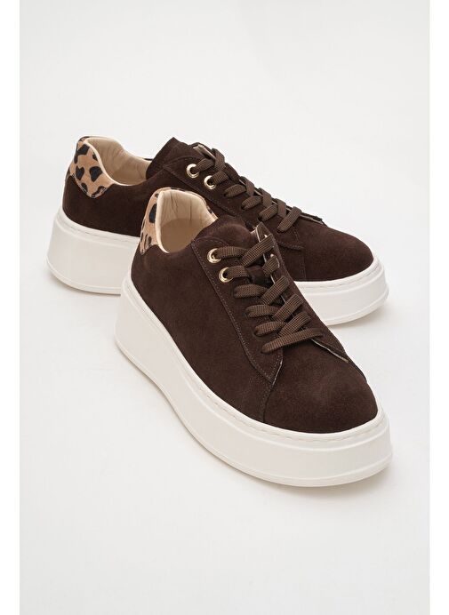 GUENO Kahverengi Hakiki Deri Süet Kadın Spor Ayakkabı - Görsel 2