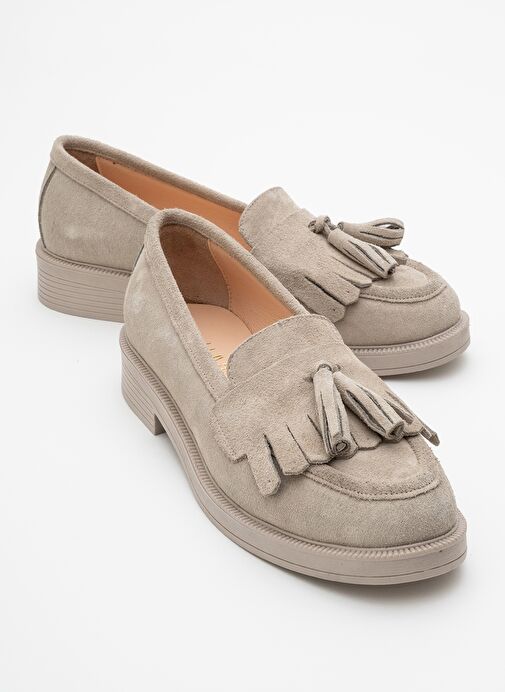 MİLİNA Bej Süet Püsküllü Hakiki Deri Kadın Loafer Ayakkabı - Görsel 2