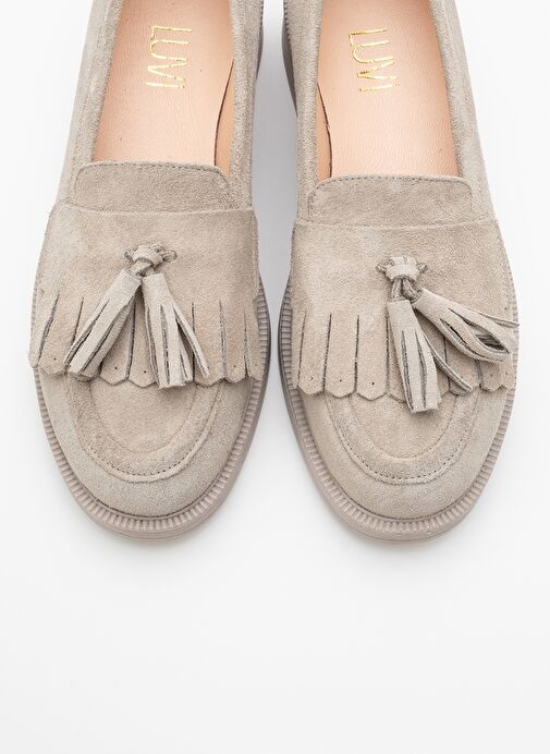 MİLİNA Bej Süet Püsküllü Hakiki Deri Kadın Loafer Ayakkabı - Görsel 3
