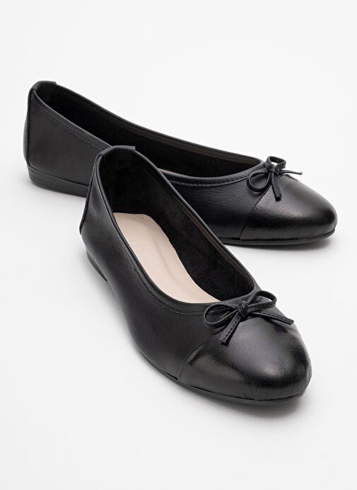 JENS Siyah-Siyah Cilt Hakiki Deri Fiyonklu Kadın Babet Ayakkabı - Görsel 2