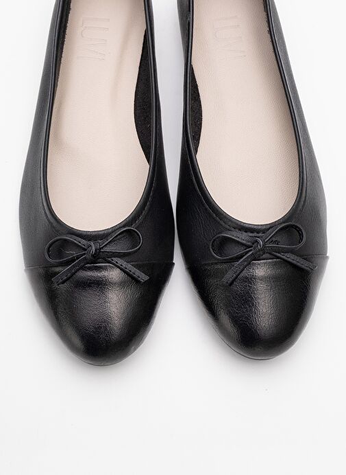 JENS Siyah-Siyah Cilt Hakiki Deri Fiyonklu Kadın Babet Ayakkabı - Görsel 3