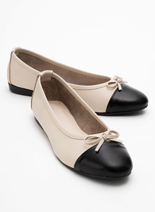 JENS Bej-Siyah Cilt Hakiki Deri Fiyonklu Kadın Babet Ayakkabı - Görsel 2