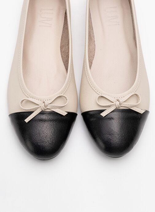 JENS Bej-Siyah Cilt Hakiki Deri Fiyonklu Kadın Babet Ayakkabı - Görsel 3