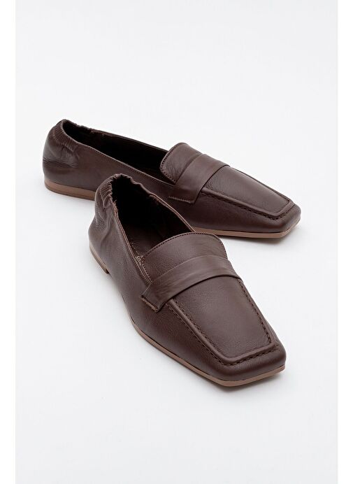 LİEPA Kahverengi Cilt Hakiki Deri Arkası Lastikli Küt Burunlu Kadın Loafer Ayakkabı - Görsel 2