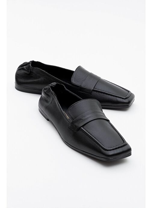 LİEPA Siyah Cilt Hakiki Deri Arkası Lastikli Küt Burunlu Kadın Loafer Ayakkabı - Görsel 2