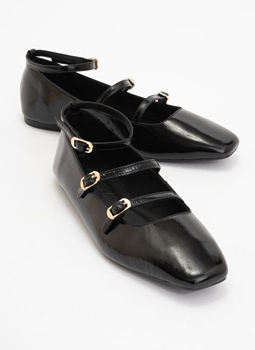 GLIMMER Siyah Rugan Hakiki Deri Bilekten Bağlamalı Küt Burun Kadın Babet Ayakkabı - Görsel 2