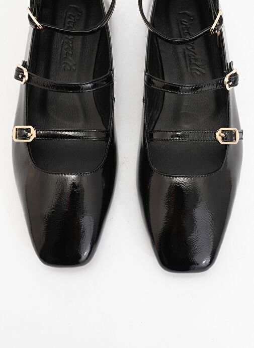 GLIMMER Siyah Rugan Hakiki Deri Bilekten Bağlamalı Küt Burun Kadın Babet Ayakkabı - Görsel 3