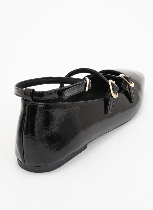 GLIMMER Siyah Rugan Hakiki Deri Bilekten Bağlamalı Küt Burun Kadın Babet Ayakkabı - Görsel 5