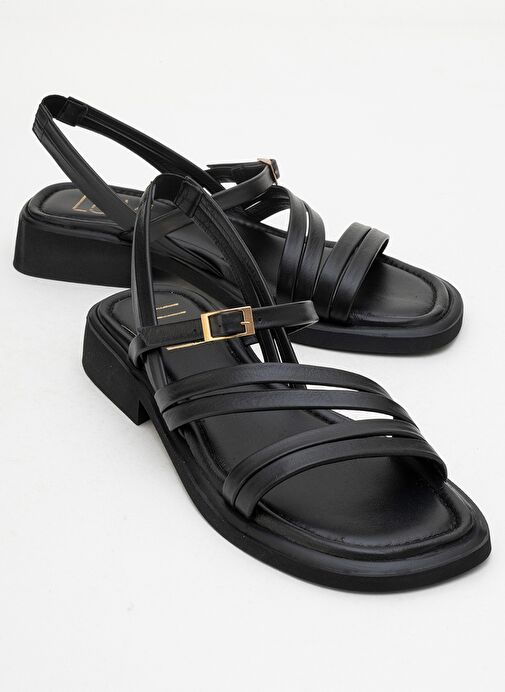 CESAR Siyah Hakiki Deri Kadın Sandalet - Görsel 2
