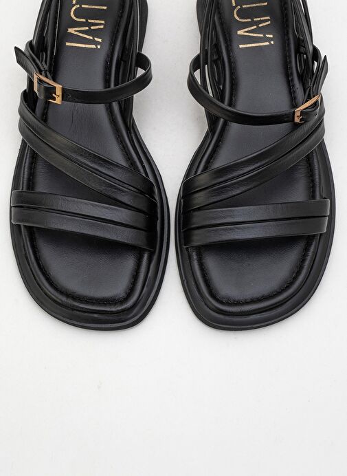 CESAR Siyah Hakiki Deri Kadın Sandalet - Görsel 3