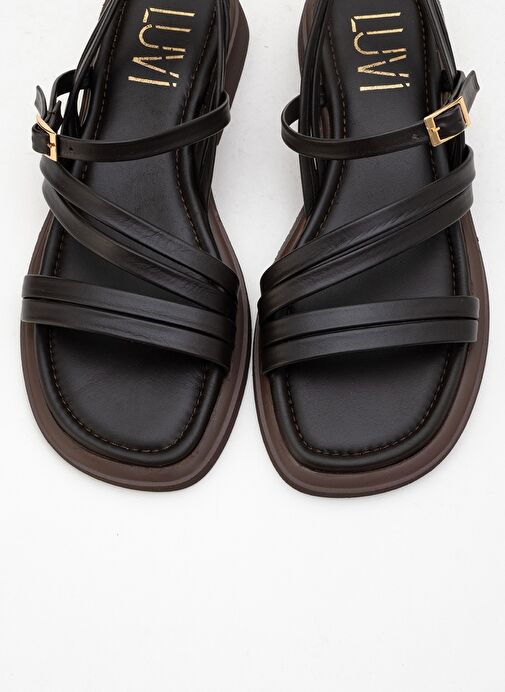 CESAR Kahverengi Hakiki Deri Kadın Sandalet - Görsel 3