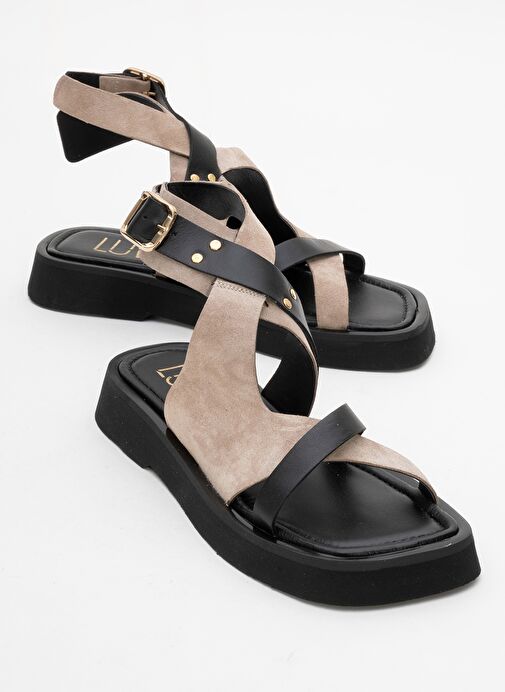 MİNNEA Siyah Gri Süet Hakiki Deri Kadın Sandalet - Görsel 2