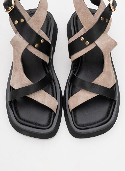 MİNNEA Siyah Gri Süet Hakiki Deri Kadın Sandalet - Görsel 3
