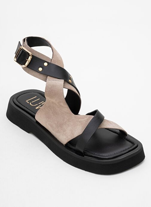 MİNNEA Siyah Gri Süet Hakiki Deri Kadın Sandalet - Görsel 4