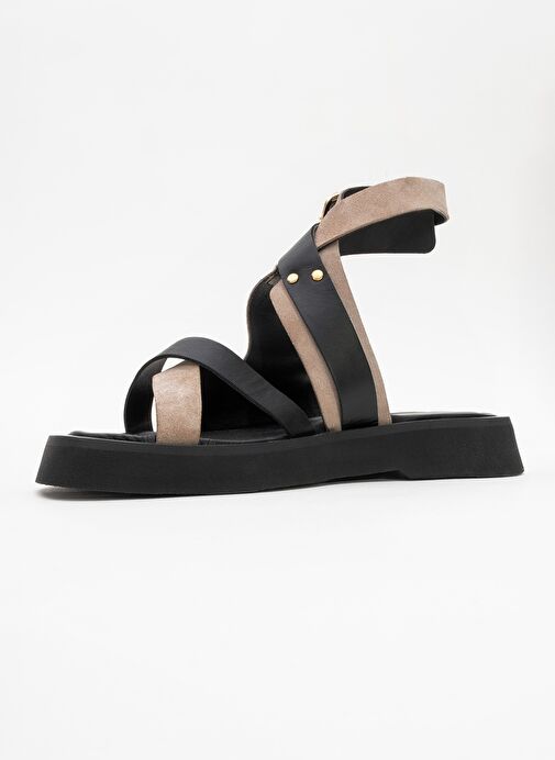 MİNNEA Siyah Gri Süet Hakiki Deri Kadın Sandalet - Görsel 5