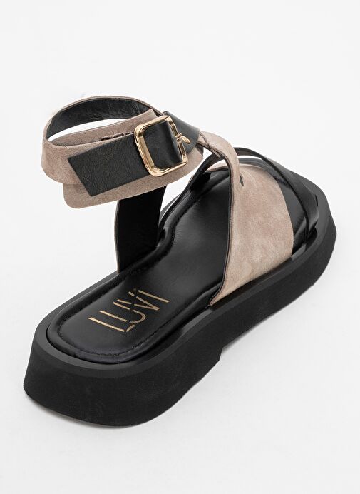 MİNNEA Siyah Gri Süet Hakiki Deri Kadın Sandalet - Görsel 6