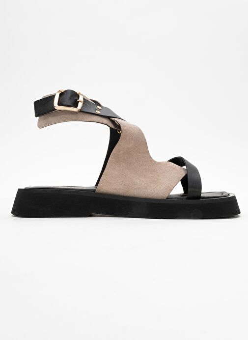 MİNNEA Siyah Gri Süet Hakiki Deri Kadın Sandalet - Görsel 7